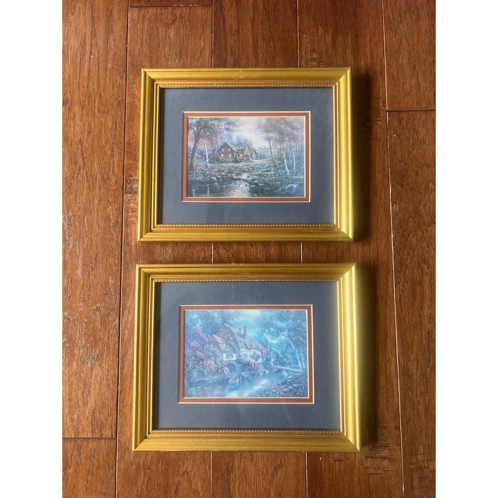 Thomas Kinkade Style Framed Art Prints 2 Gold Frames Cabin Cottage Landscape Art